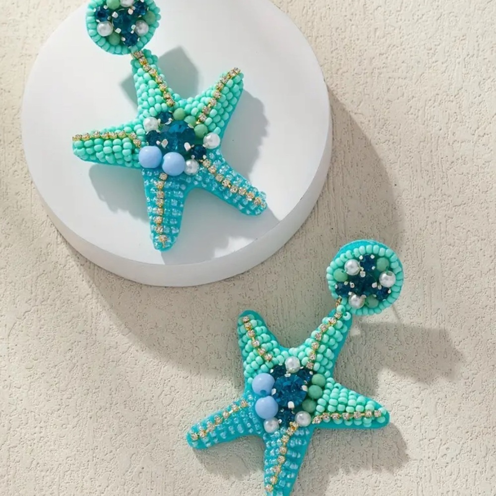 🆕️ Artisan Hand Beaded Turquoise Hand- Beaded Starfish Earrings